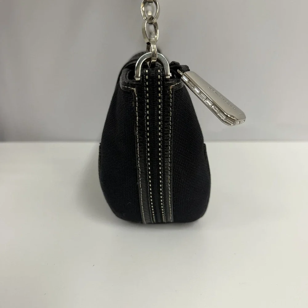 Judith Leiber Snakeskin and Fabric Purse Black Crystals Trim Mirror Change Pouch